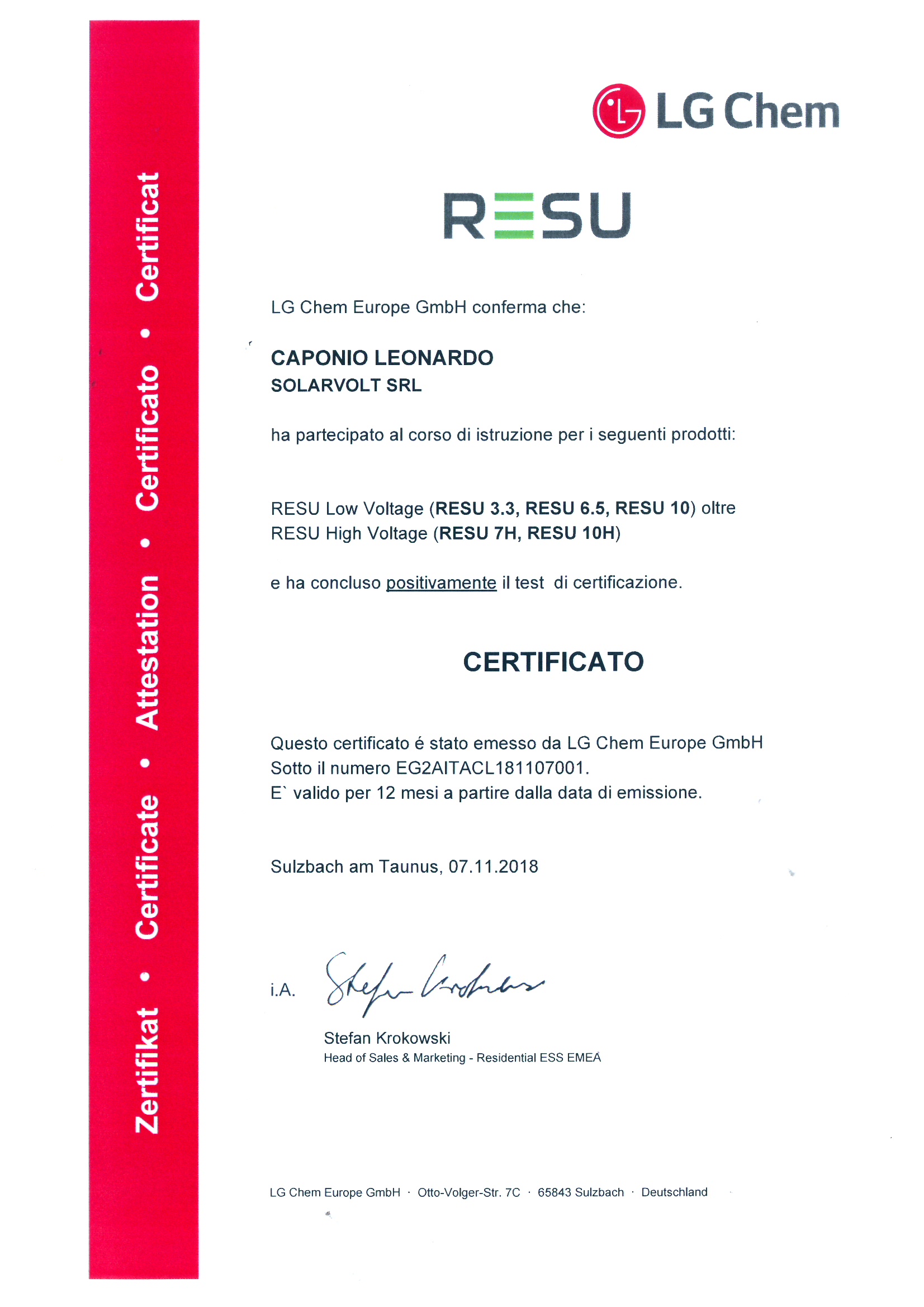 CERTIFICATO INSTALLATORI ACCUMULI LG CHEM !!